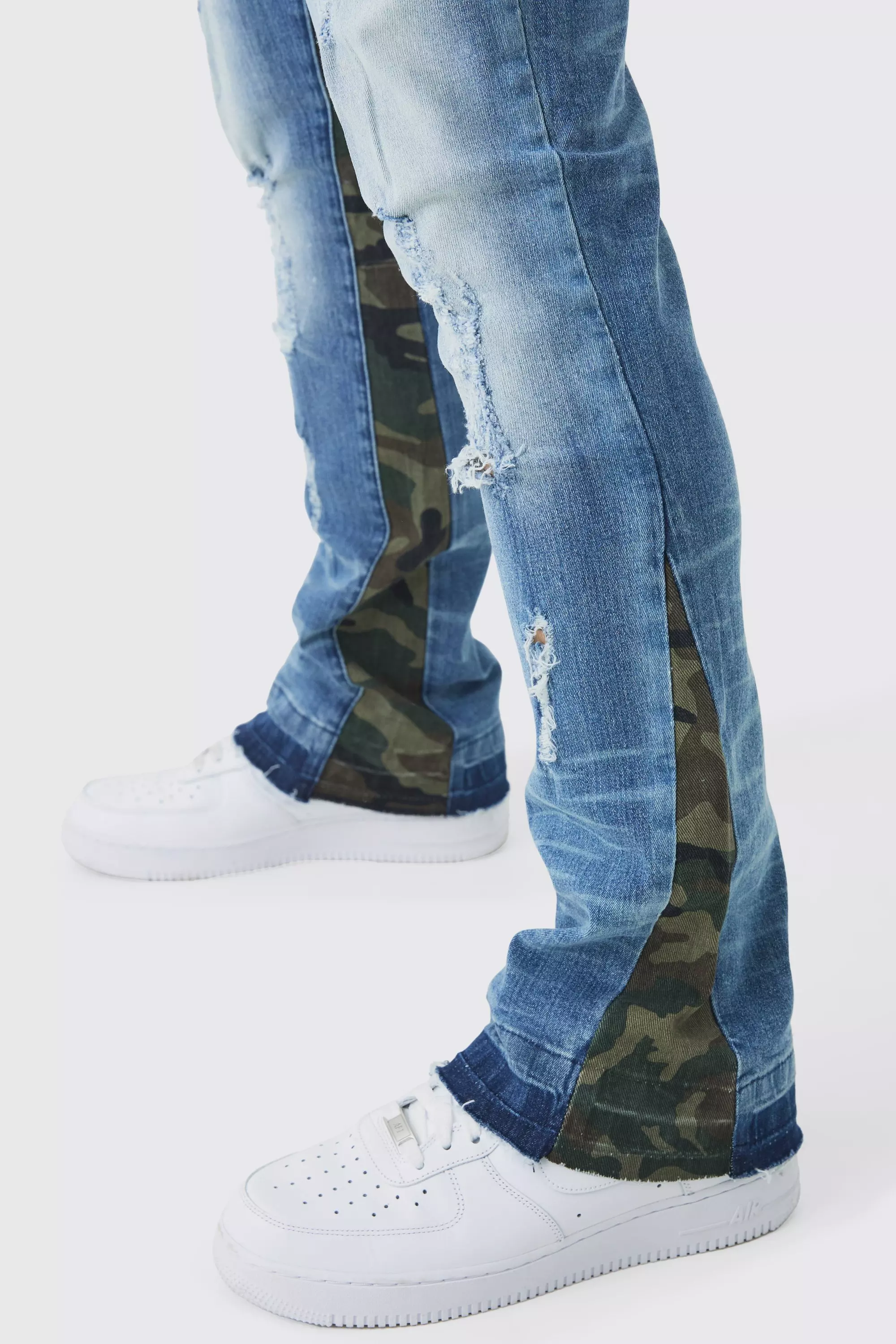 Skinny Flared Ripped Bleached Camo Gusset Jeans boohooMAN AU